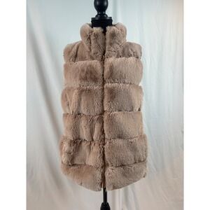 Taupe Faux Fur Puffer Vest Full Zip Quilted Stand Collar Sleeveless Jacket L/XL